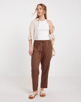 Tie Waist Linen Mix Tapered Trousers