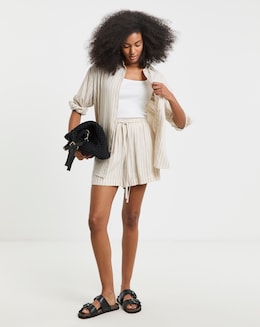 Neutral Striped Tie Waist Linen Mix Shorts