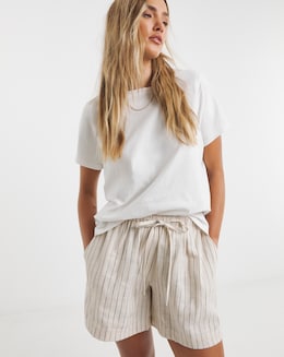 Neutral Striped Tie Waist Linen Mix Shorts