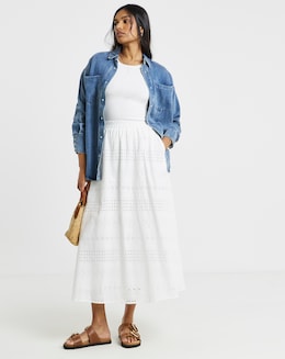White Boho Broderie Full Midaxi Skirt - Image
