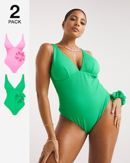 2 Pack Crinkle Swimsuits and Matching Scrunchies