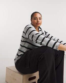 Grey &amp; Black Stripe Slash Neck Ribbed Top with Frill Hem