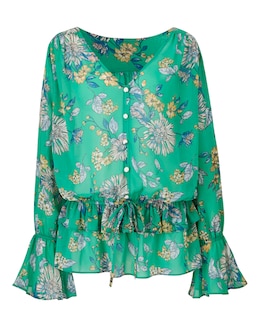 Green Floral Ruffle Hem Boho Blouse