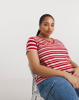 Red &amp; Ivory Stripe V Neck Tee