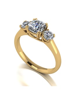 9ct Gold 1.60ct total eq Cushion and  Round Brilliant Moissanite Trilogy Ring
