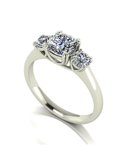 9ct Gold 1.60ct total eq Cushion and  Round Brilliant Moissanite Trilogy Ring