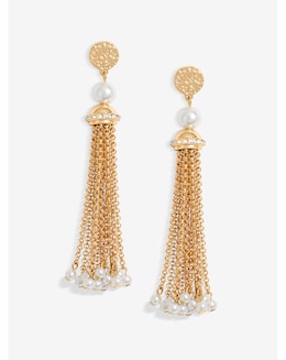 Mood Gold Pearl Chain Tassel Drop Earrings