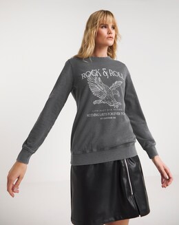 Acid Wash Rock and Roll Slogan Sweatshirt