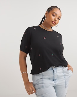 Black Embroidered Rose Tee