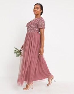 Maya V Neck Sequin Embellished Tulle Maxi Dress