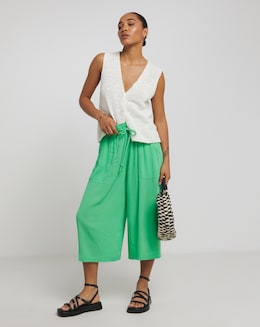 Green Crinkle Tie Waist Wide Leg Culotte