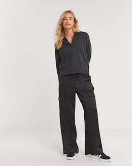 Black Stretch Satin Cargo Wide Leg Trousers