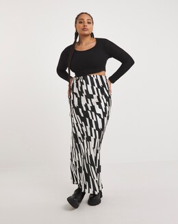 Mono Print Stretch Satin Maxi Skirt