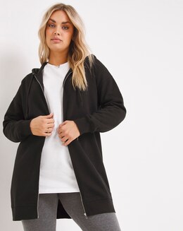 Basic Black Zip Through Longline Tunic Hoodie
