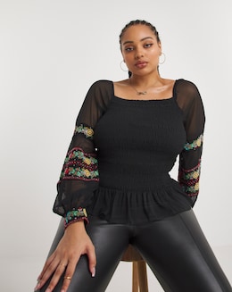 Shirred Embroidered Blouse