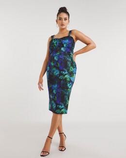 Made In GB Black Floral Printed Scuba Milkmaid Midi Dress