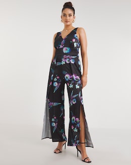 Made In GB Black Floral Printed Twill Split Leg Jumpsuit