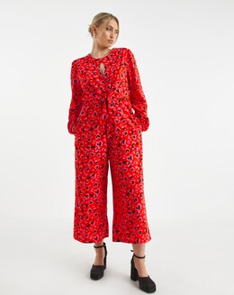 Mixed Animal And Heart Printed Tie Front Wide Leg Jumpsuit