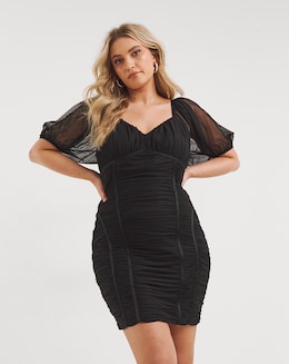Simply Contour Black Stretch Ruched Mesh Contouring Seam Bodycon Dress