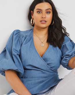 Mid Blue Puff Sleeve Denim Wrap Top