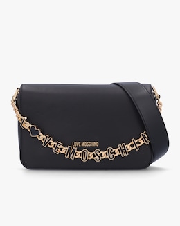 Love Moschino Chain Logo Black Flapover Cross-Body Bag