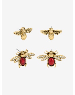 Mood Antique Gold Polished &amp; Red Insect Stud Earrings - Pack of 2