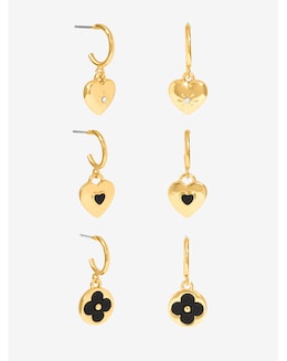 Mood Gold Jet Heart &amp; Clover Huggie Charm Earrings - Pack of 3