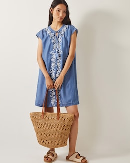 Monsoon Isolde Embroidered Chambray Mini Dress