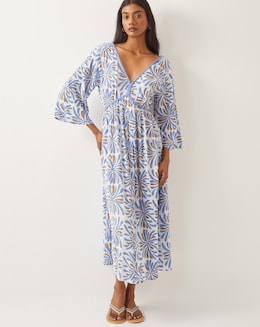 Monsoon Cece V-Neck Woodblock Print Midi Dress