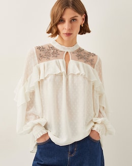 Monsoon Debbie Embellished Polka Dot Ruffle Blouse