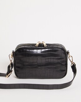 Black Mini Croc Double Zip Detail Cross Body Camera Bag