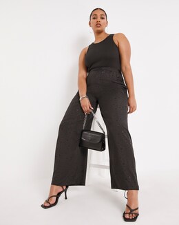 Black Satin Printed Wide Leg Trouser