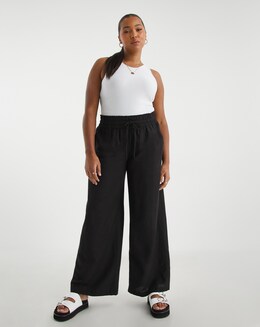 Black Easy Care Linen Mix Wide Leg Trouser