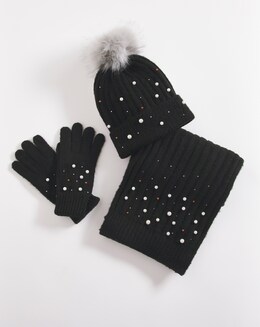 Embelished Knit Beanie Scarf &amp; Glove Set