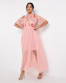 Boutique Peach Floral Angel Sleeve Embroidered Maxi Dress