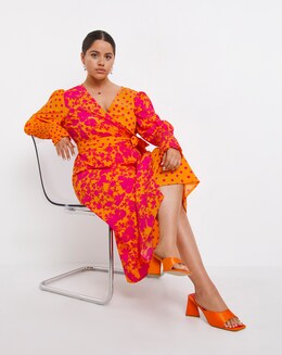 Mixed Print Wrap Midi Dress With Shirred Sleeve