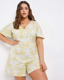 Floral Print Linen Button Through Playsuit