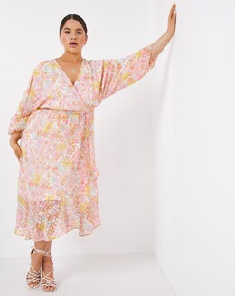 Printed Jacquard Frill Detail Midi Dress
