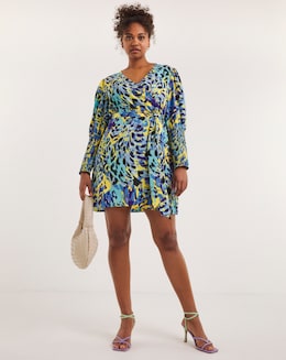 Animal Print Wrap Dress With Shirred Sleeve