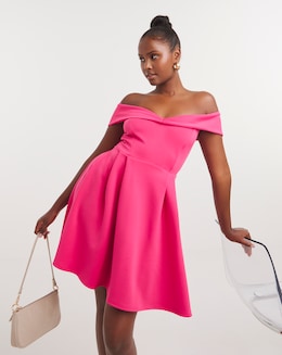 Hot Pink Scuba Bardot Prom Dress
