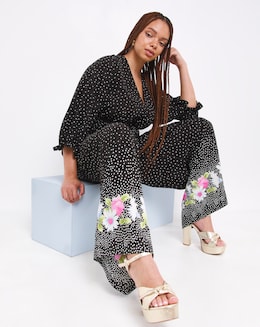 Floral Spot Border Print Wide Leg Jumpsuit