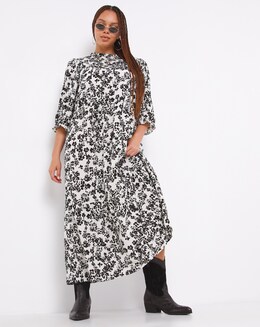 Mono Ditsy Print Tiered Short Sleeve Midi Dress