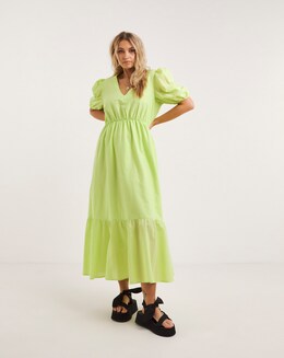 Lime V-Neck Puff Sleeve Tiered Maxi Dress