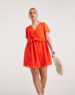 Red Short Angel Sleeve Dobby Ruffle Front Skater Dress