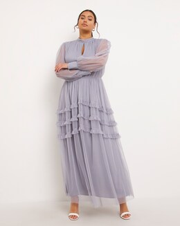Boutique Blue High Keyhole Neck Frill Maxi Dress