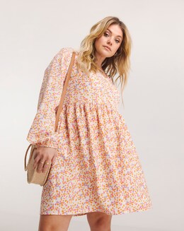 Peach Ditsy Floral Button Through Smock Dress