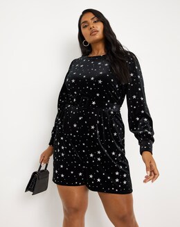 Black Velour Star Print Tie Waist Playsuit
