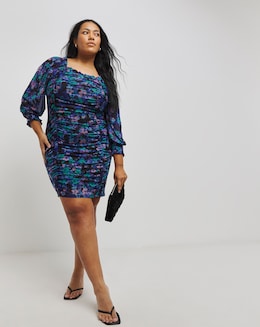 Floral Printed Mesh Ruched Bodycon Dress