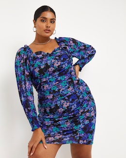 Floral Printed Mesh Ruched Bodycon Dress