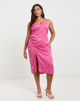Pink Satin Jacquard Ruched Slip Midi Dress With Split